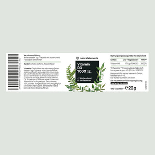 Vitamin D3 7000 I.E., 180 Tabletten, Produktinfos, Inhaltsstoffe und botanische Illustrationen auf dem Etikett.