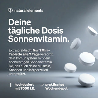 Drei Vitamintabletten neben einem deutschen Text, der für eine wirksame wöchentliche D3-Ergänzung zur Unterstützung von Immunsystem, Muskeln, Knochen und Zellen wirbt.