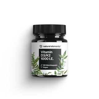 Vitamin D3/K2 – 1000 I.E. 120 Weichkapseln von Natural Elements, Knochengesundheit, Zähne, Kalziumaufnahme, vegan
