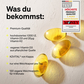 Auf einer hellen Fläche sind drei goldene Softgel-Kapseln neben einer Liste von Produktmerkmalen und einem Qualitätssiegel abgebildet.