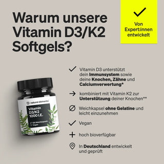 Ein Glas mit Vitamin D3/K2-Softgels von Natural Elements ist neben einem Text abgebildet, der die Vorteile für Knochen, Zähne und das Immunsystem, die vegane Formel, die hohe Bioverfügbarkeit und die deutsche Entwicklung hervorhebt.