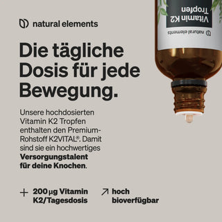 Der deutsche Text auf der Vitamin-K2-Tropfenflasche hebt die täglichen Vorteile für die Knochengesundheit hervor und weist auf die 200-µg-Dosis und die hohe Bioverfügbarkeit hin.