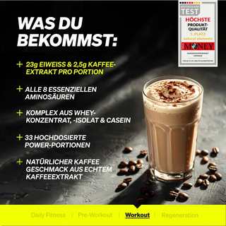 Ein Glas Schokoladenproteinshake mit Kaffeebohnen und Schokoladenstücken auf einer dunklen Oberfläche, daneben ein Text, der die Vorteile des Produkts in Bezug auf Proteine und Kaffeeextrakt hervorhebt.