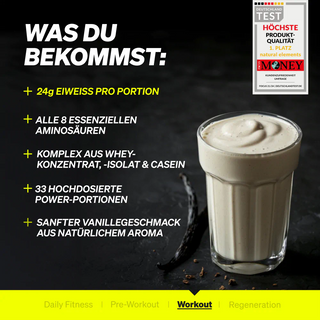 Auf einer dunklen Oberfläche steht neben einer Vanilleschote ein Glas Vanille-Proteinshake. Ein Text hebt die 24 g Protein, die essentiellen Aminosäuren und das natürliche Vanillearoma hervor.