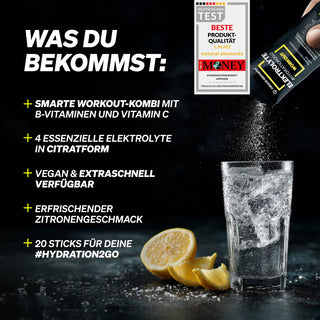 Ein Glas kohlensäurehaltiges Wasser mit Zitronenscheiben, in das Pulver geschüttet wird, und eine Liste mit den Merkmalen eines Hydratationsprodukts in deutscher Sprache.