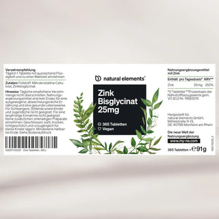 Weißes Produktetikett für "natural elements" Zinkbisglycinat 25mg Tabletten, vegan, 365 Tabletten, mit Angaben zu Dosierung und Inhaltsstoffen, Blattabbildungen und Herstellerinformationen.